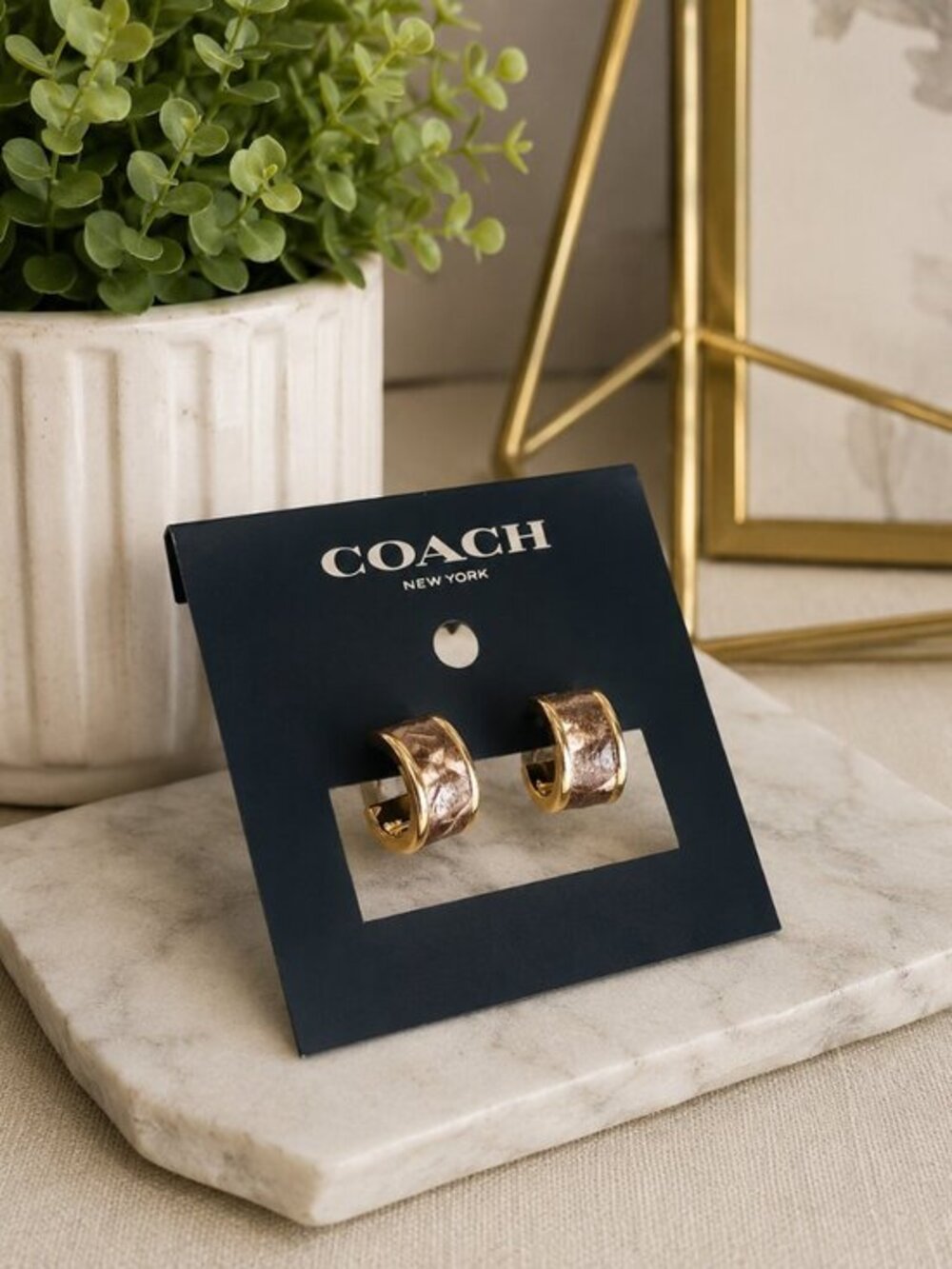 Coach New York Snake-Embossed Leather Gold-Tone Hoop Earrings NWT